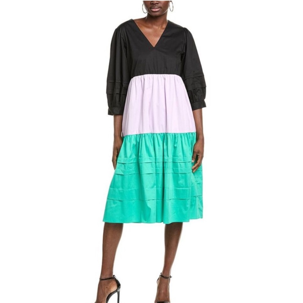 CROSBY by Mollie Burch Wylie V-Neck Black Colorblock V Neck Cotton Midi Dress Lg